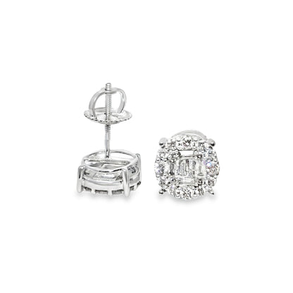 14K White Gold Baguette Center 4-Prong Diamond Round Earrings | Luxury Halo Studs | Jewelry Palace