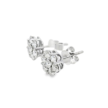 10K White Gold 0.88 ctw Diamond Flower Earrings | Halo Cluster Studs | Jewelry Palace