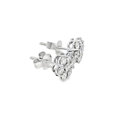 10K White Gold 0.88 ctw Diamond Flower Earrings | Halo Cluster Studs | Jewelry Palace
