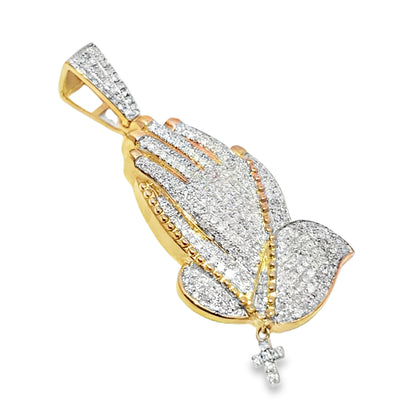 10K Yellow Gold Diamond Praying Hand Cross Pendant 0.88 ctw
