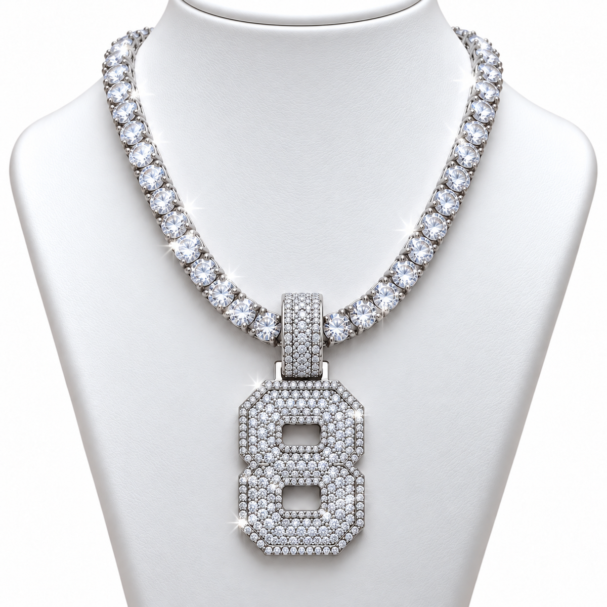 5MM VVS Moissanite Tennis Chain + Custom Number Pendant | 925 Silver
