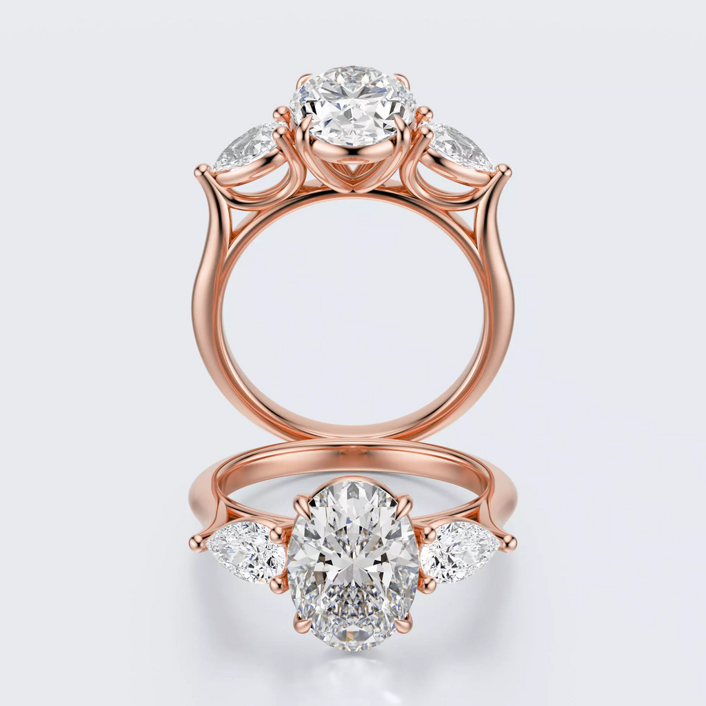 Rose gold three-stone oval and pear lab-grown diamond engagement ring front and profile views