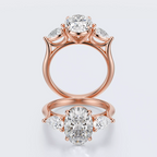 Rose gold three-stone oval and pear lab-grown diamond engagement ring front and profile views