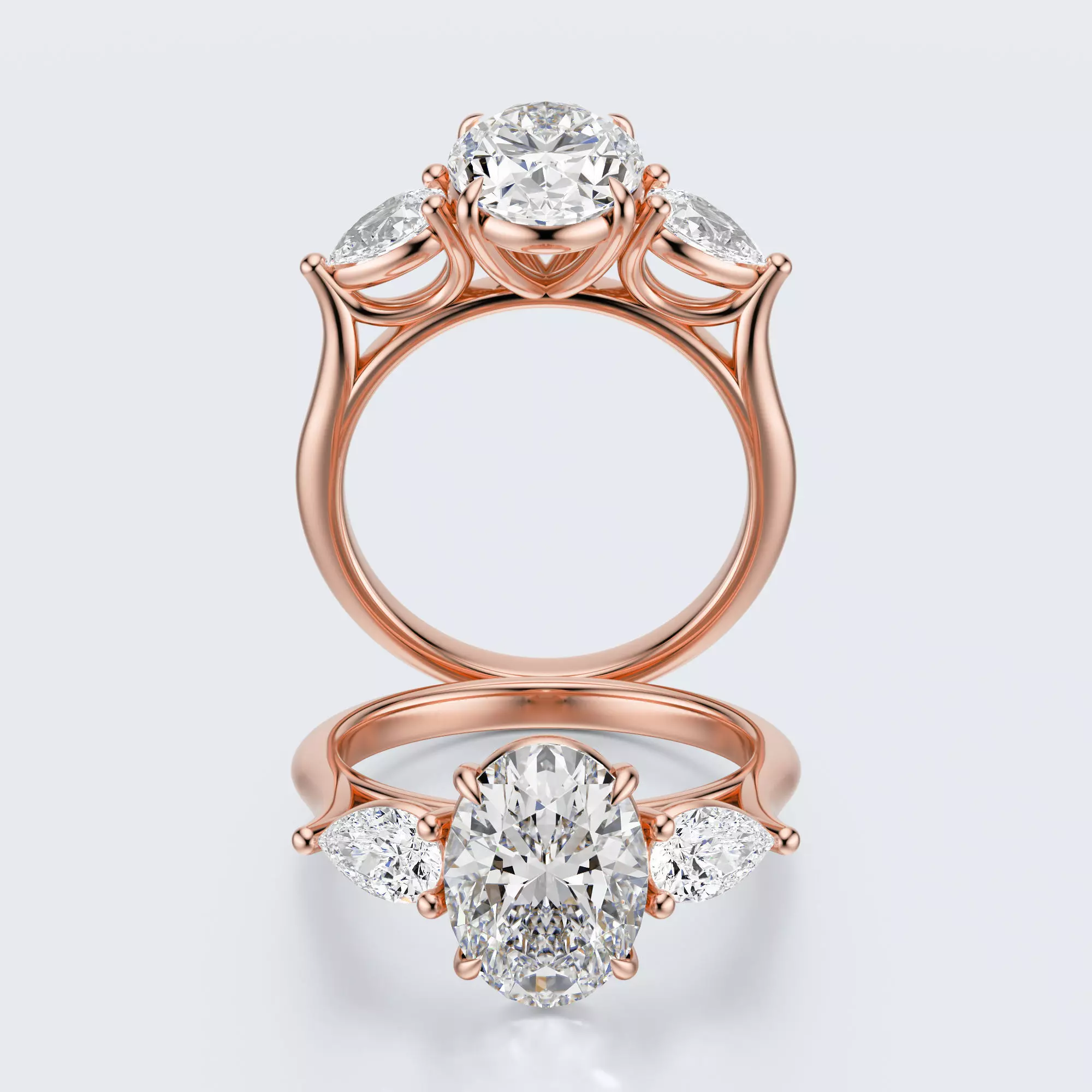 Rose gold three-stone oval and pear lab-grown diamond engagement ring front and profile views