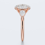 Rose gold three-stone oval and pear lab-grown diamond engagement ring end profile