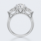 White gold three-stone oval and pear lab-grown diamond engagement ring front and profile views