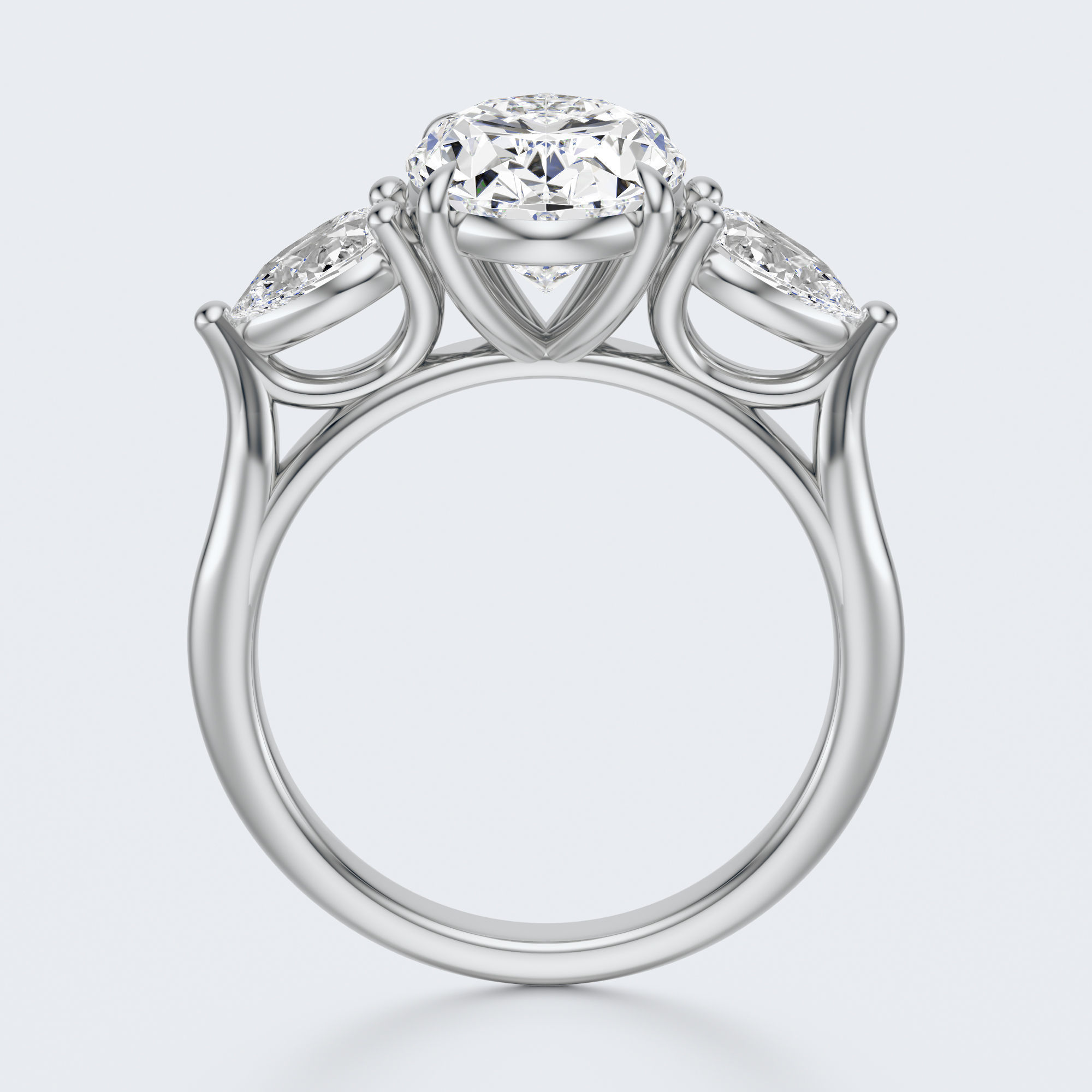 White gold three-stone oval and pear lab-grown diamond engagement ring front and profile views