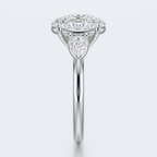 White gold three-stone oval and pear lab-grown diamond engagement ring end profile
