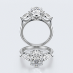 White gold three-stone oval and pear lab-grown diamond engagement ring full front and profile views