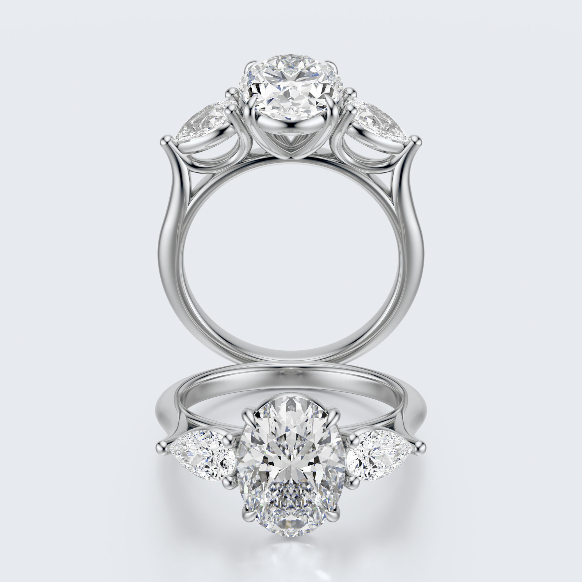 White gold three-stone oval and pear lab-grown diamond engagement ring full front and profile views