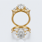 Yellow gold three-stone oval and pear lab-grown diamond engagement ring full front and profile views