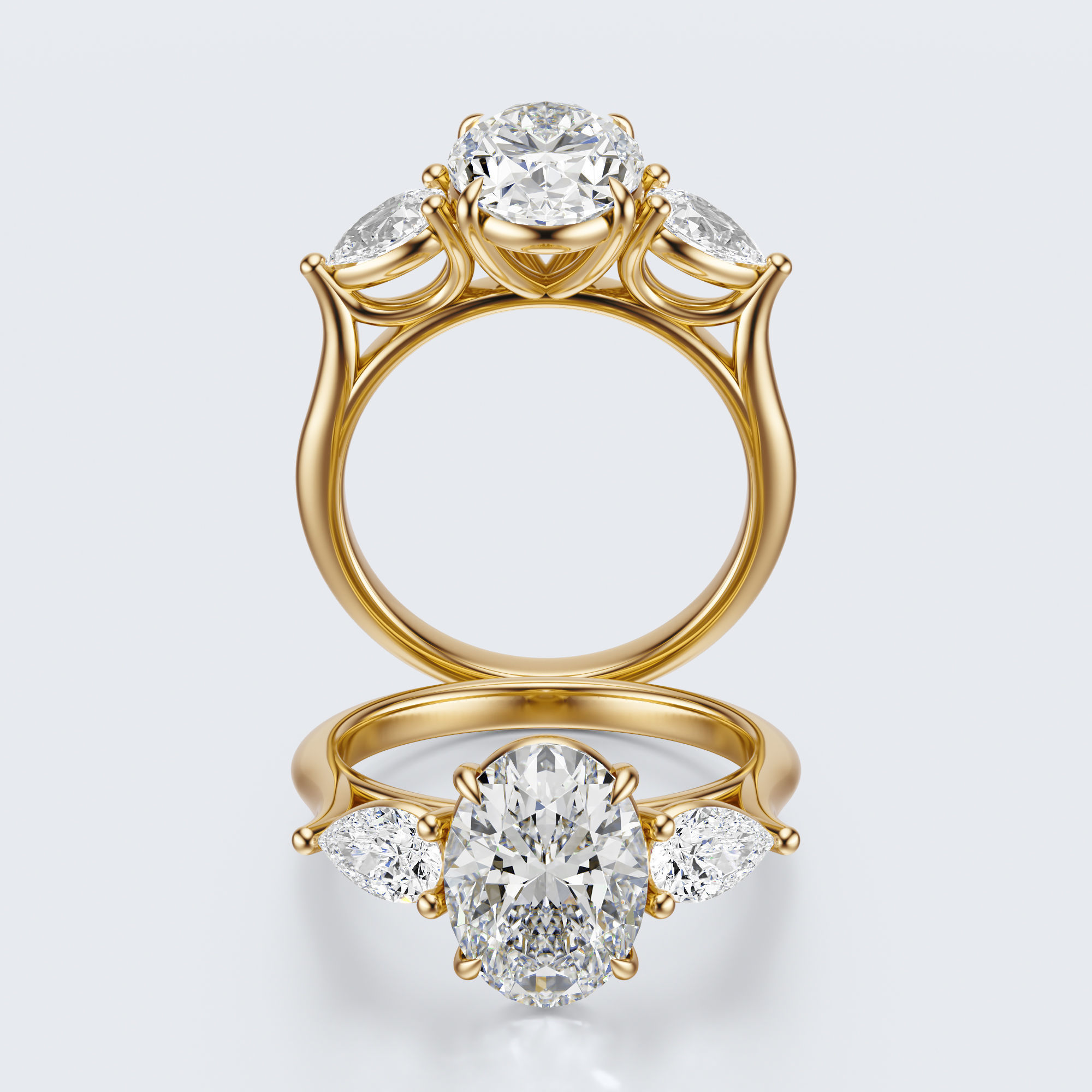 Yellow gold three-stone oval and pear lab-grown diamond engagement ring full front and profile views