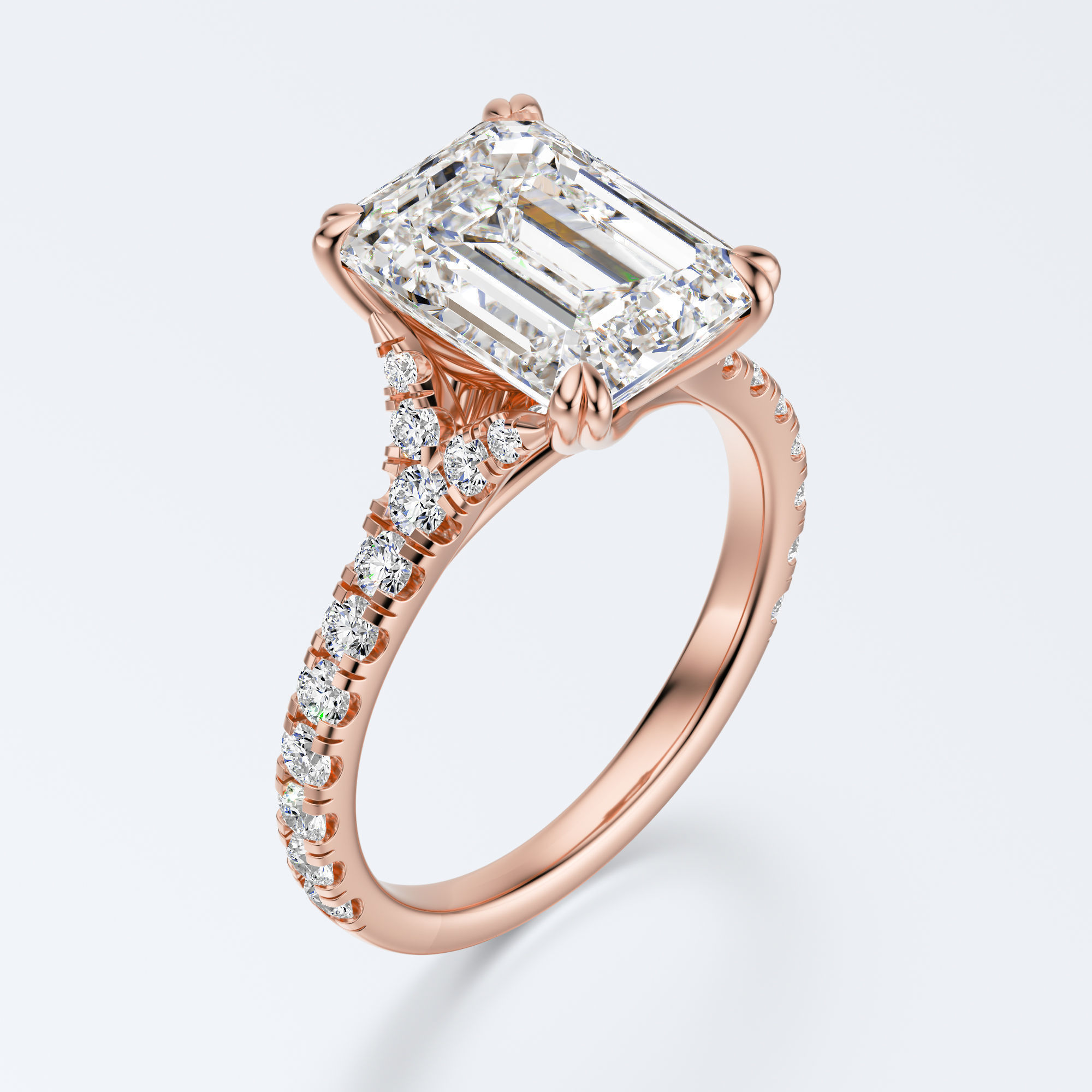 Rose gold angled side view of JP-ER-0002 emerald-cut lab-grown diamond engagement ring
