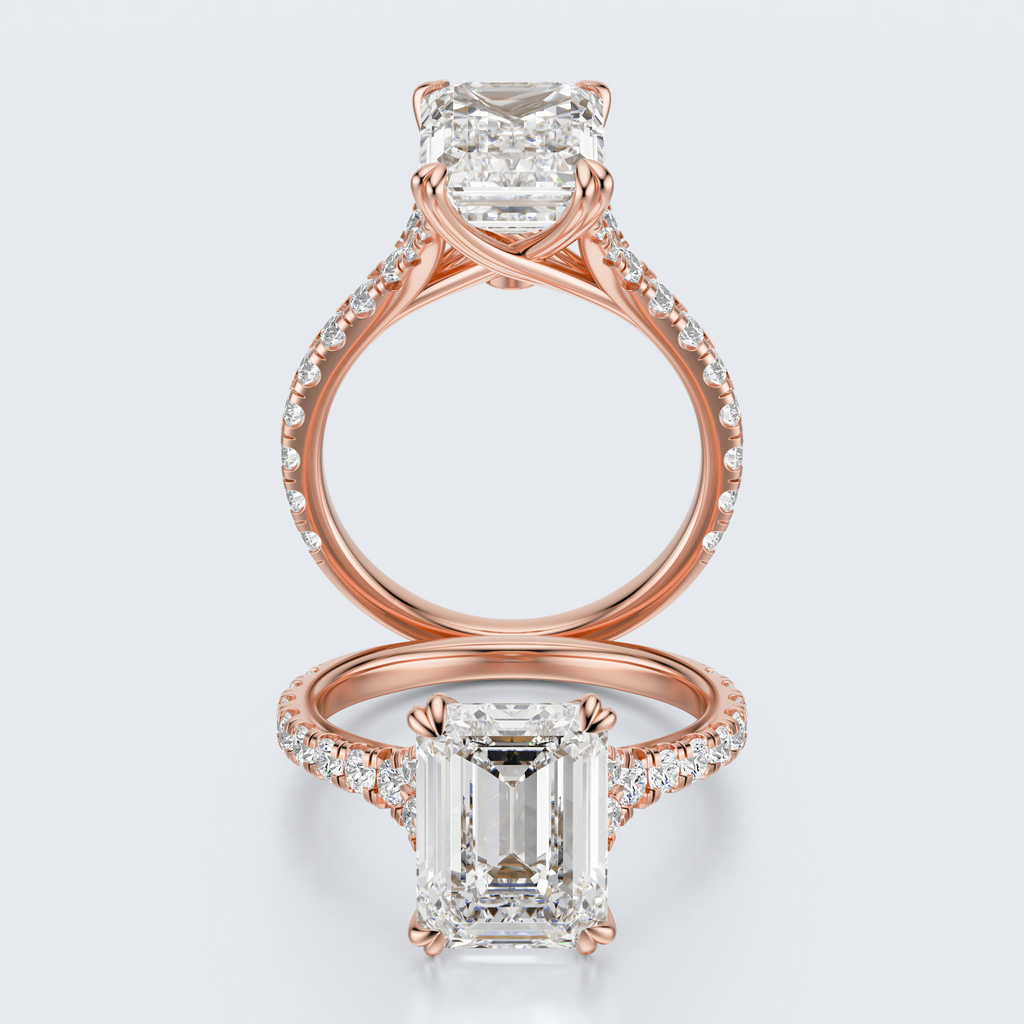 Rose gold front and profile views of JP-ER-0002 emerald-cut lab-grown diamond engagement ring