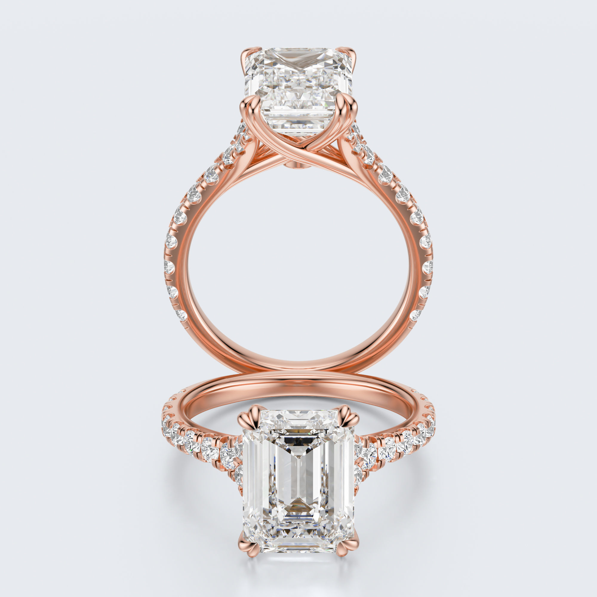 Rose gold front and profile views of JP-ER-0002 emerald-cut lab-grown diamond engagement ring