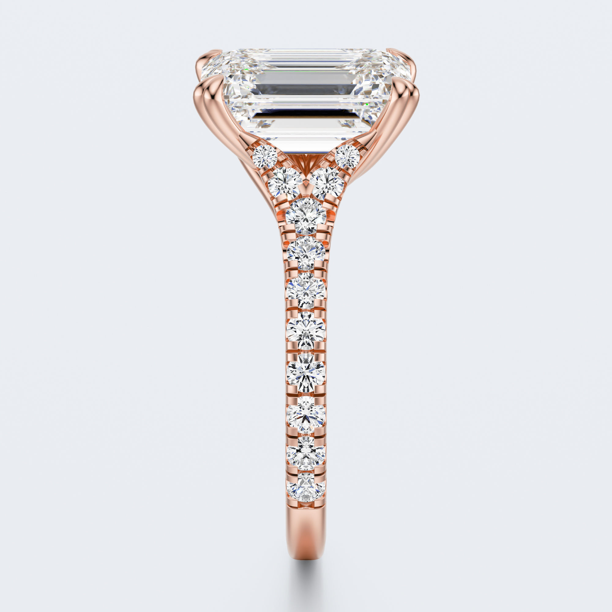 Rose gold profile view of JP-ER-0002 emerald-cut lab-grown diamond engagement ring