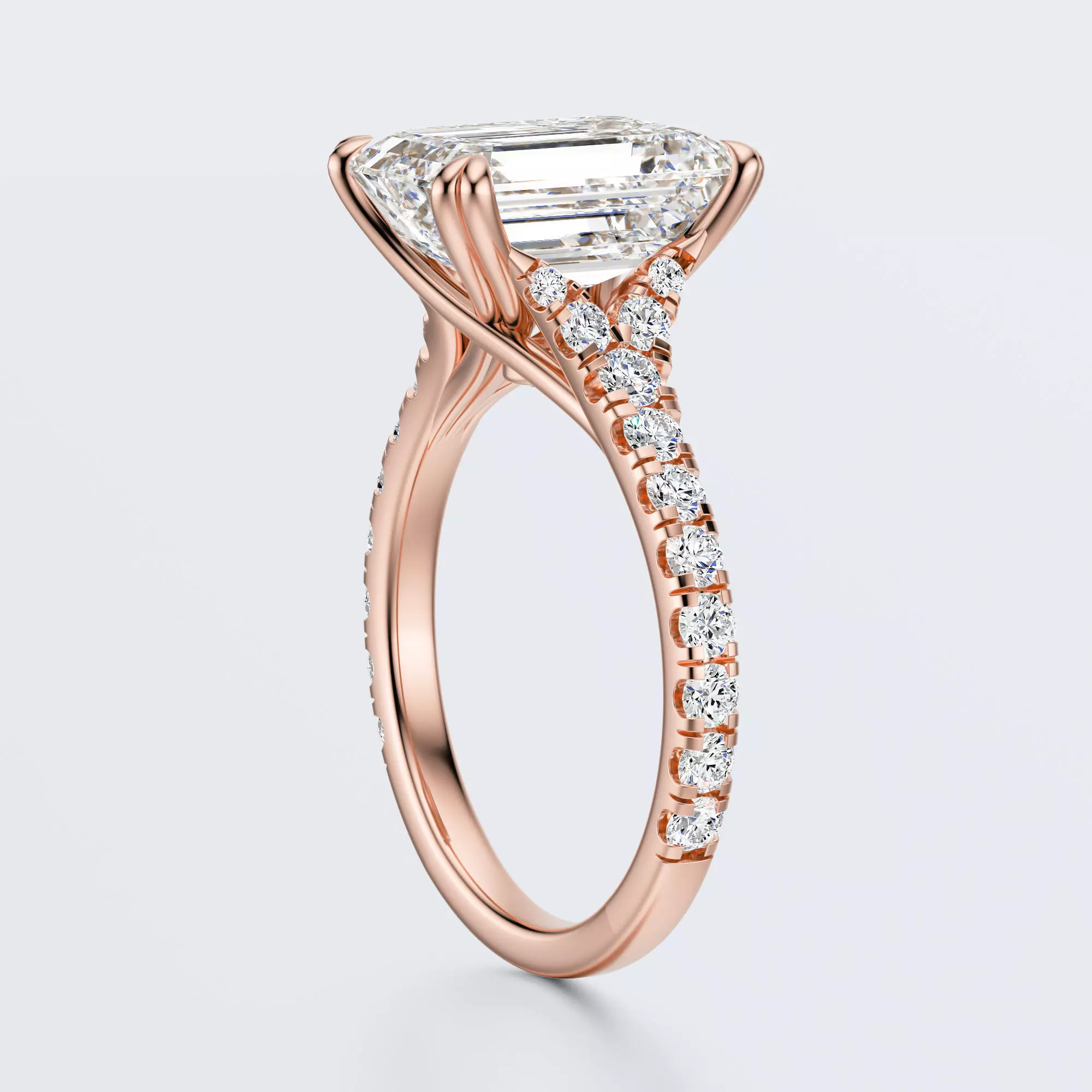Rose gold side view of JP-ER-0002 emerald-cut lab-grown diamond engagement ring