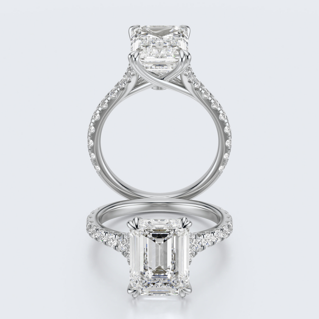 White gold front and profile views of JP-ER-0002 emerald-cut lab-grown diamond engagement ring