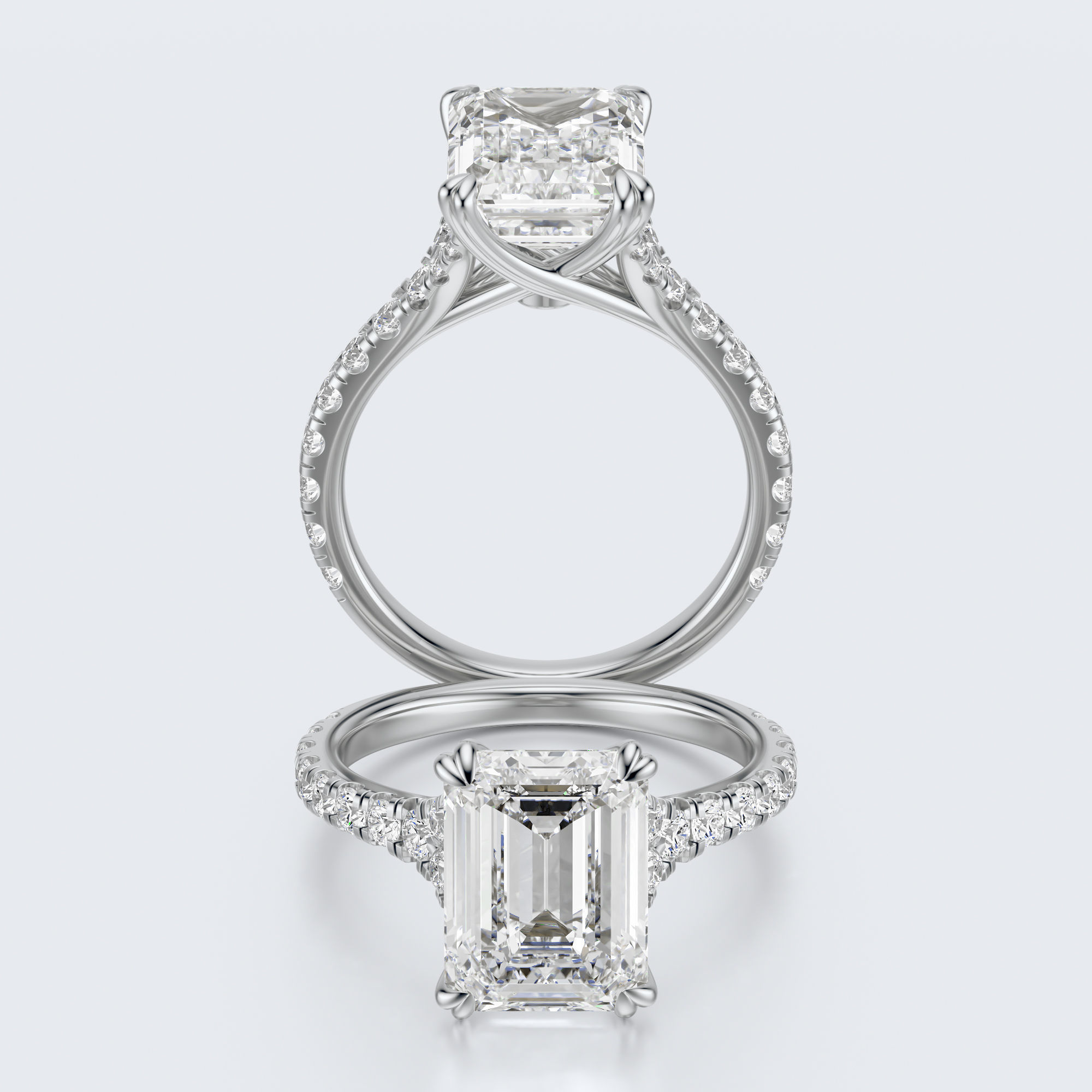 White gold front and profile views of JP-ER-0002 emerald-cut lab-grown diamond engagement ring