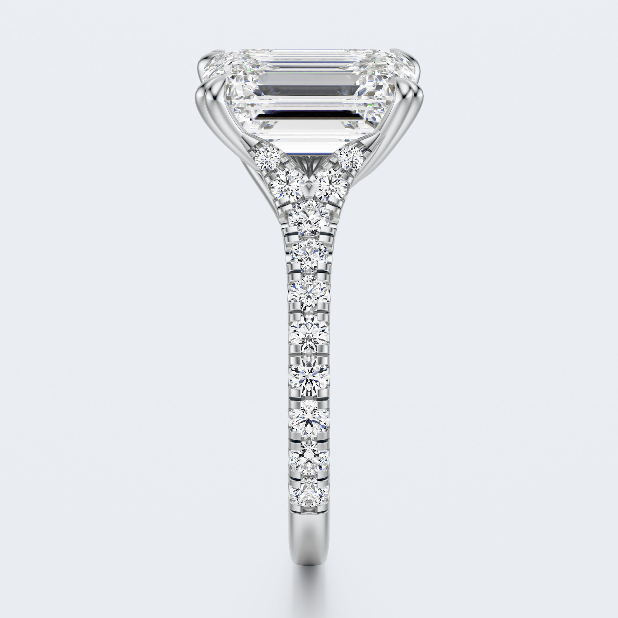 White gold profile view of JP-ER-0002 emerald-cut lab-grown diamond engagement ring
