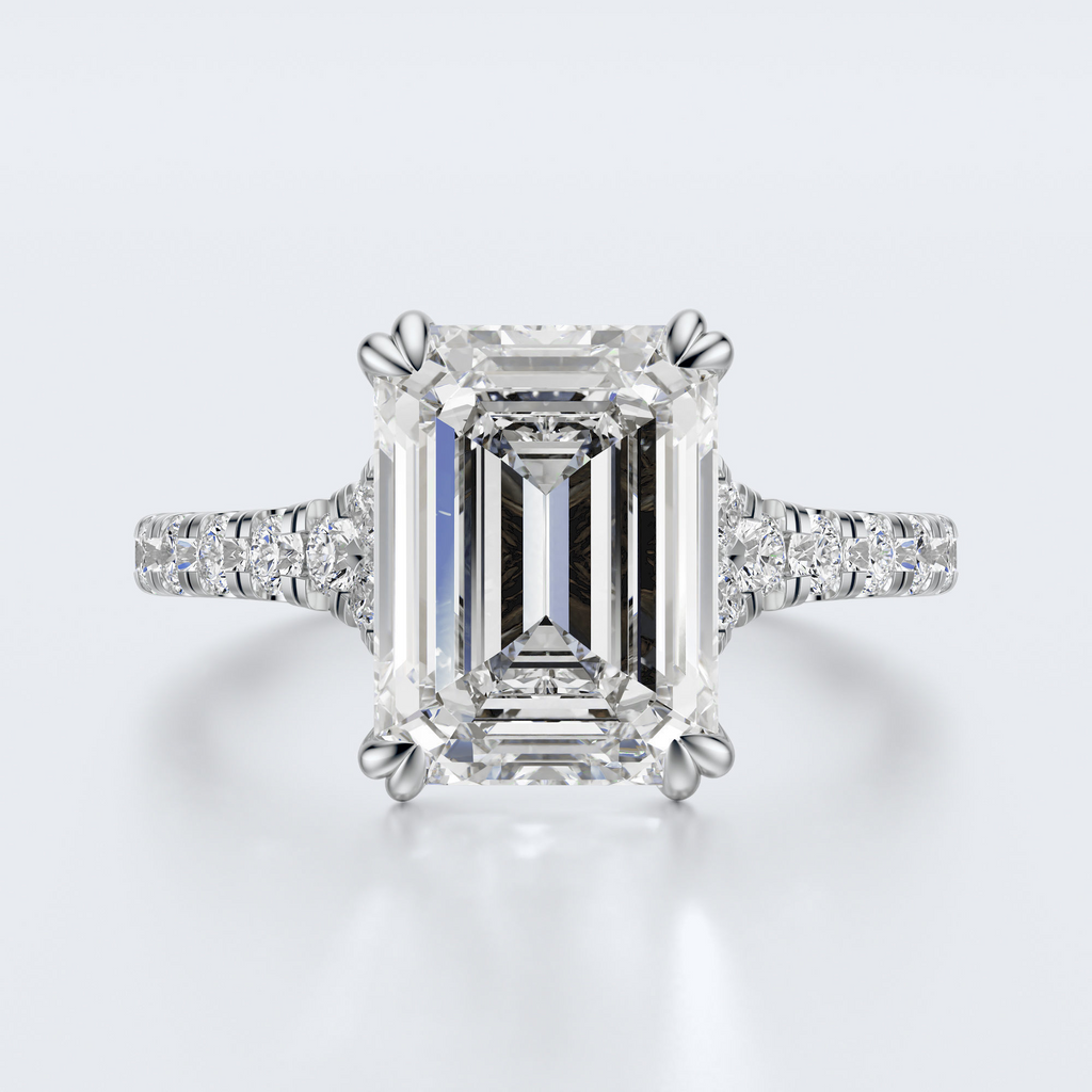 White gold top view of JP-ER-0002 emerald-cut lab-grown diamond engagement ring