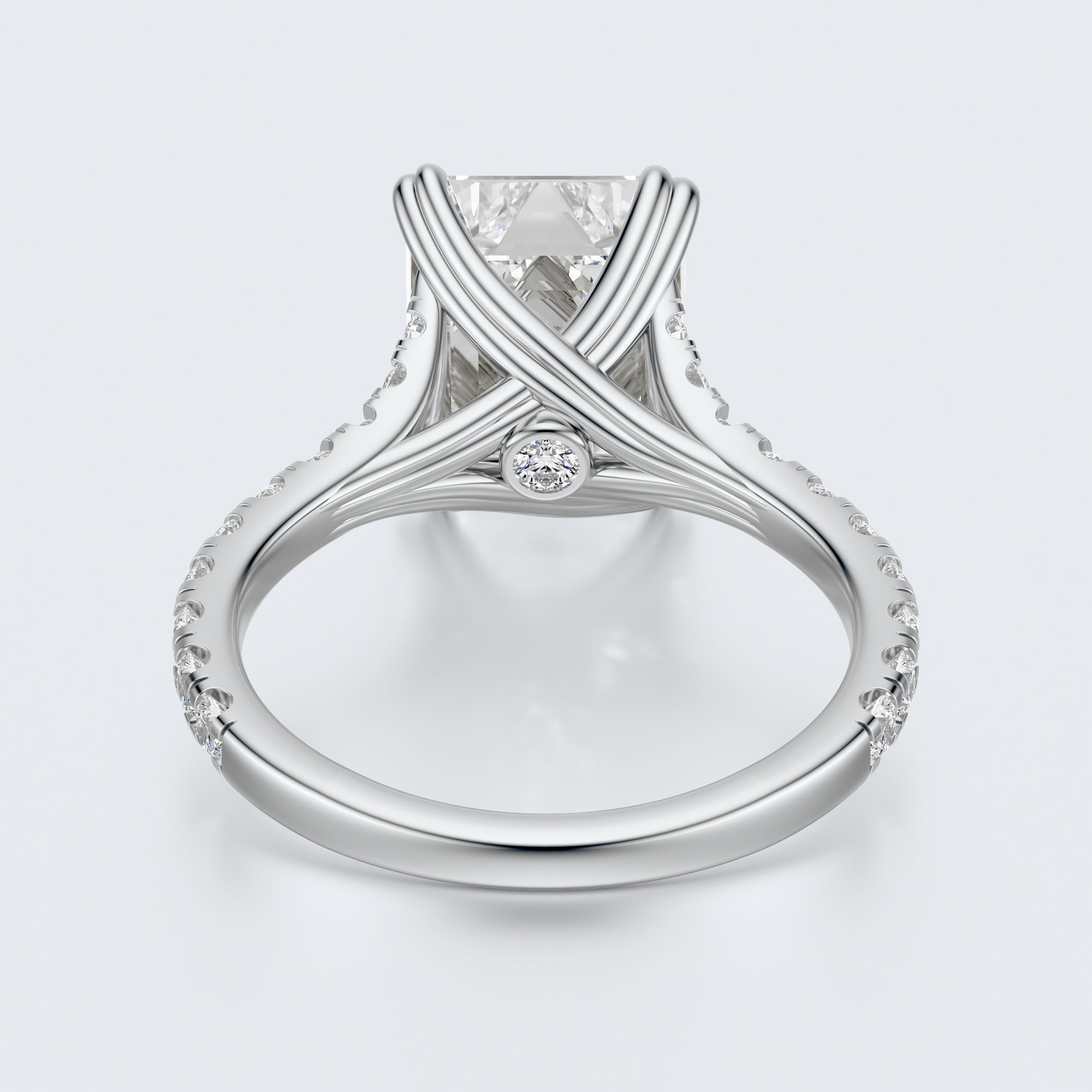 White gold under-gallery view of JP-ER-0002 emerald-cut lab-grown diamond engagement ring