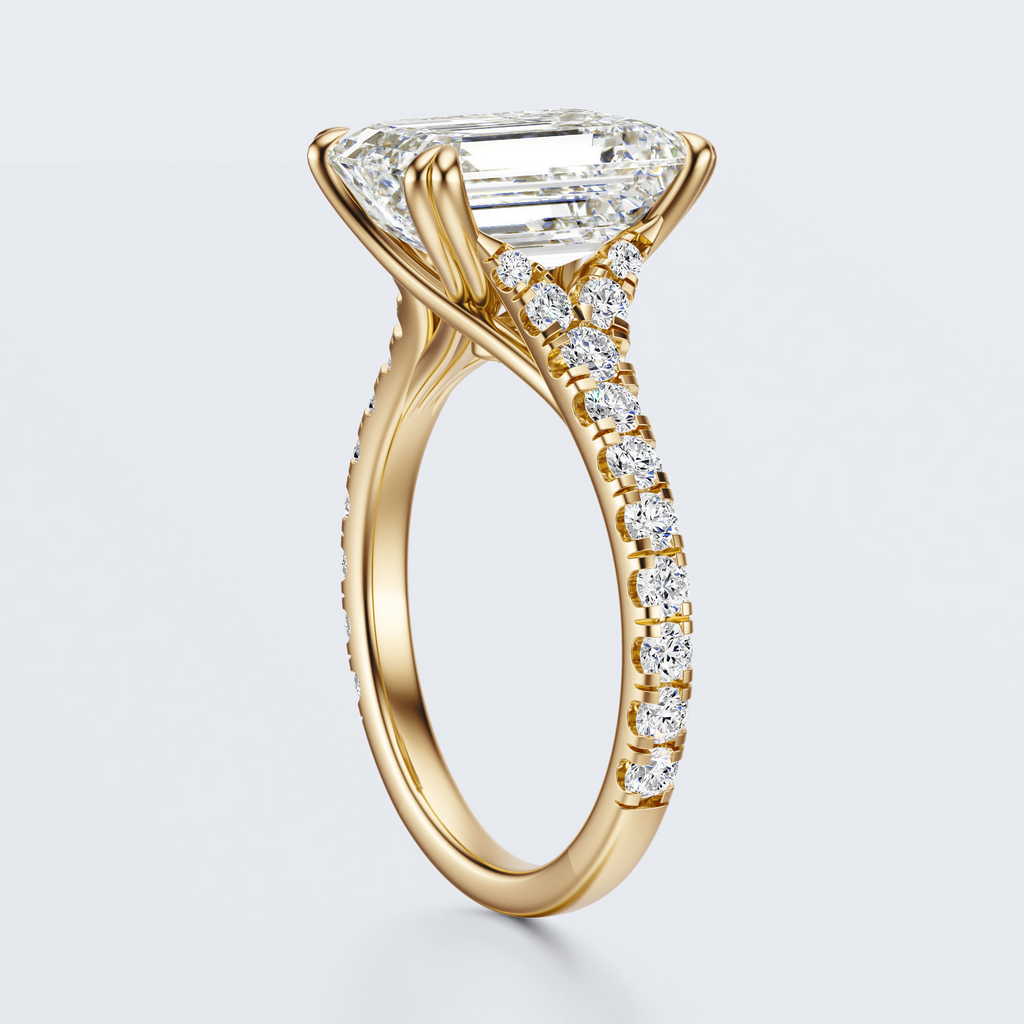 Yellow gold angled side view of JP-ER-0002 emerald-cut lab-grown diamond engagement ring