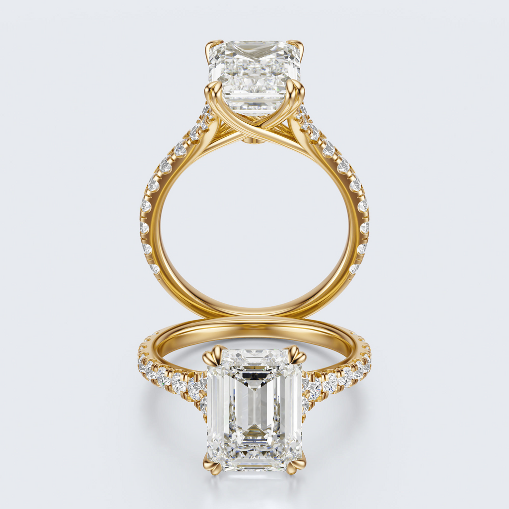 Yellow gold front and profile views of JP-ER-0002 emerald-cut lab-grown diamond engagement ring