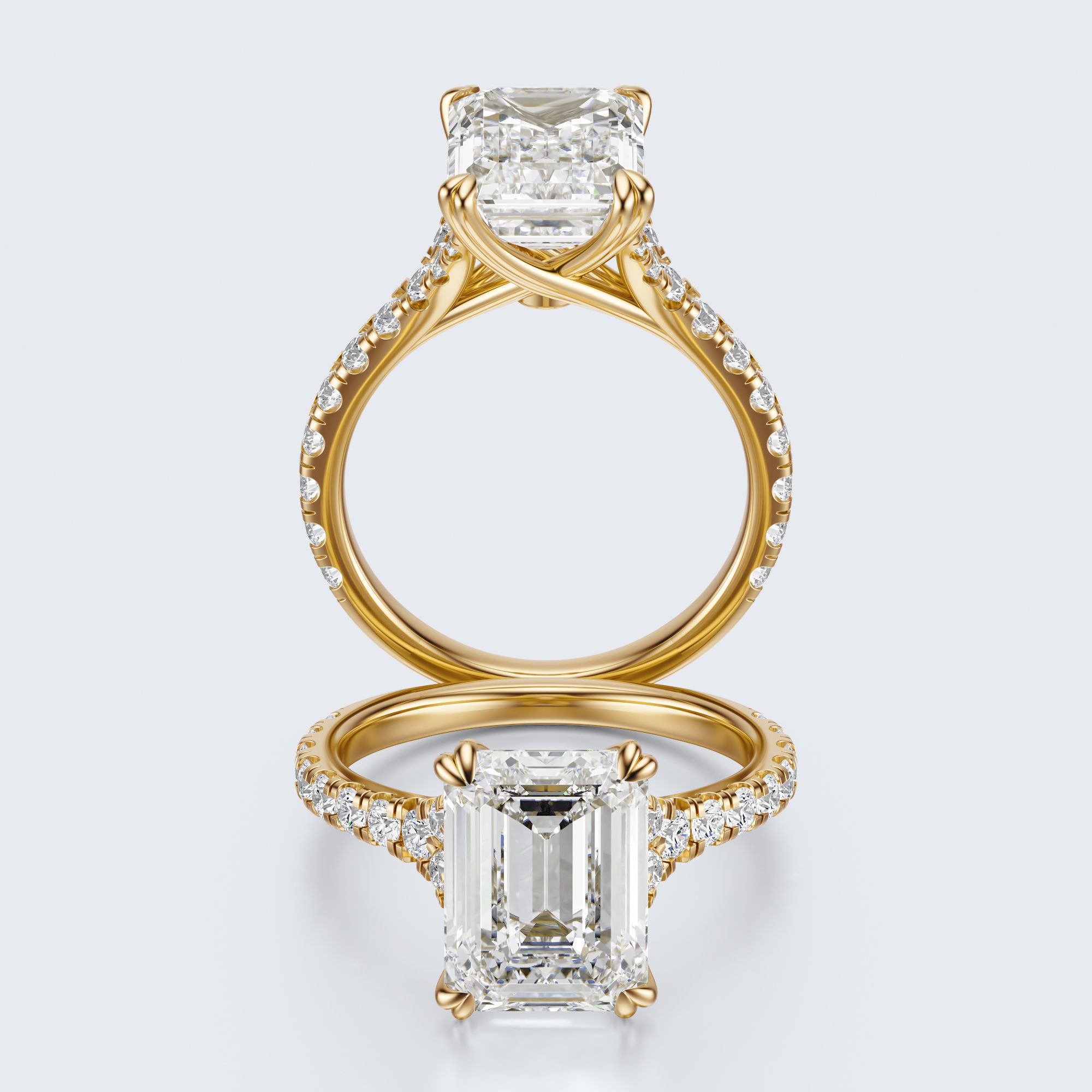 Yellow gold front and profile views of JP-ER-0002 emerald-cut lab-grown diamond engagement ring