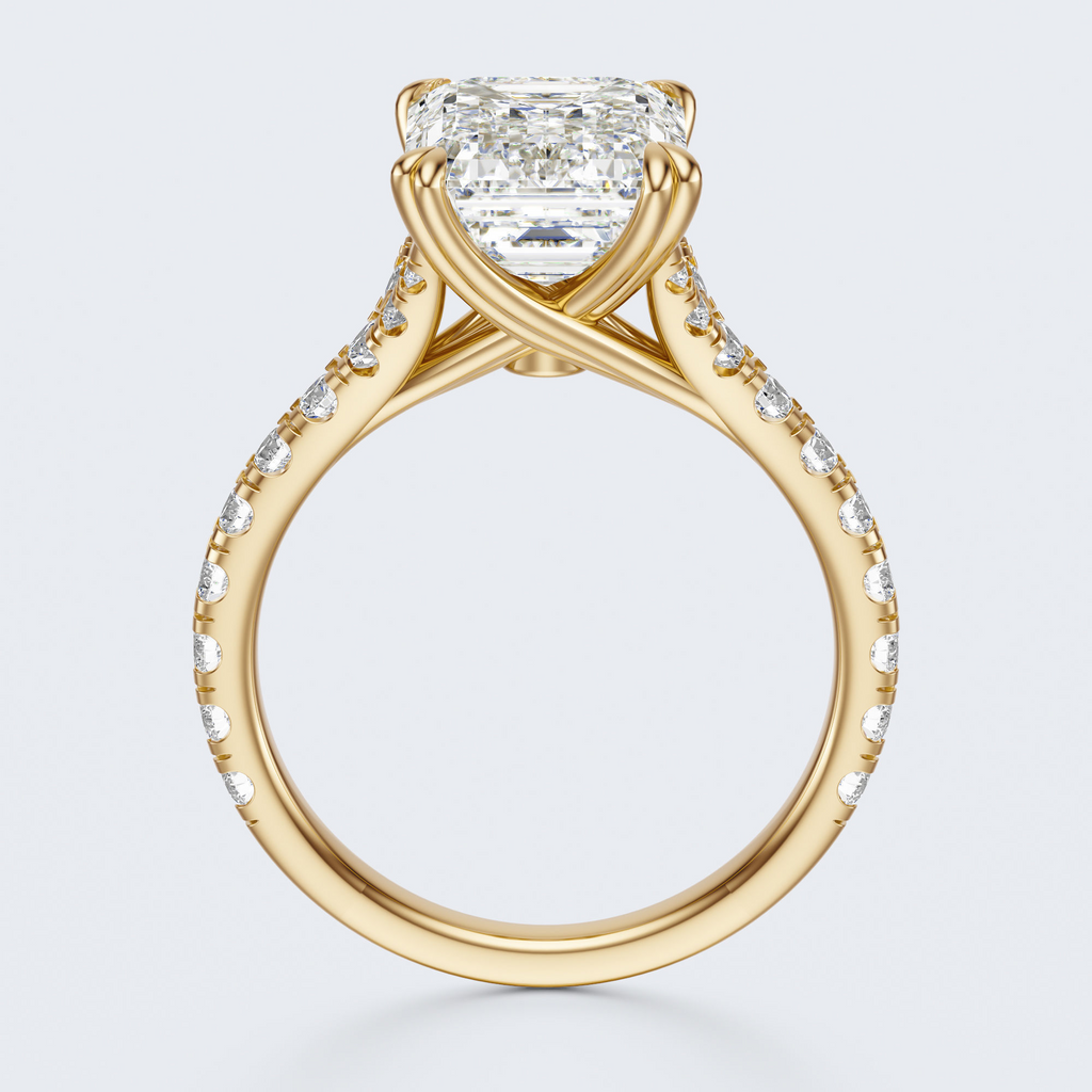 Yellow gold profile view of JP-ER-0002 emerald-cut lab-grown diamond engagement ring