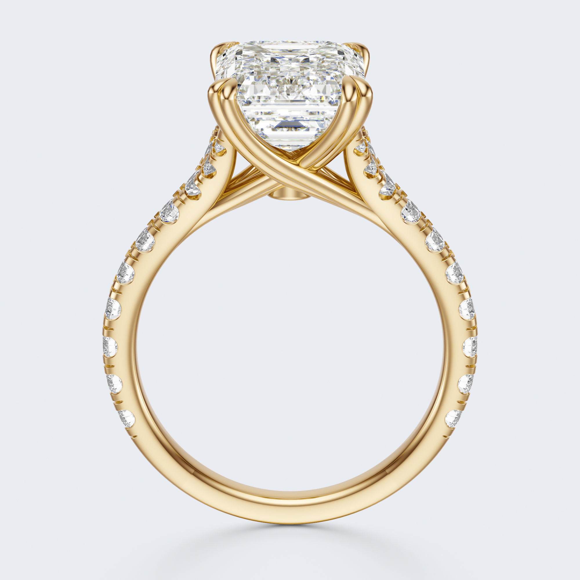 Yellow gold profile view of JP-ER-0002 emerald-cut lab-grown diamond engagement ring