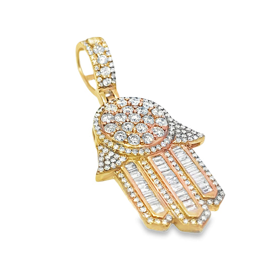 Iced Out Baguette Hamsa Pendant 1.80 ctw Diamond 10K Yellow Gold