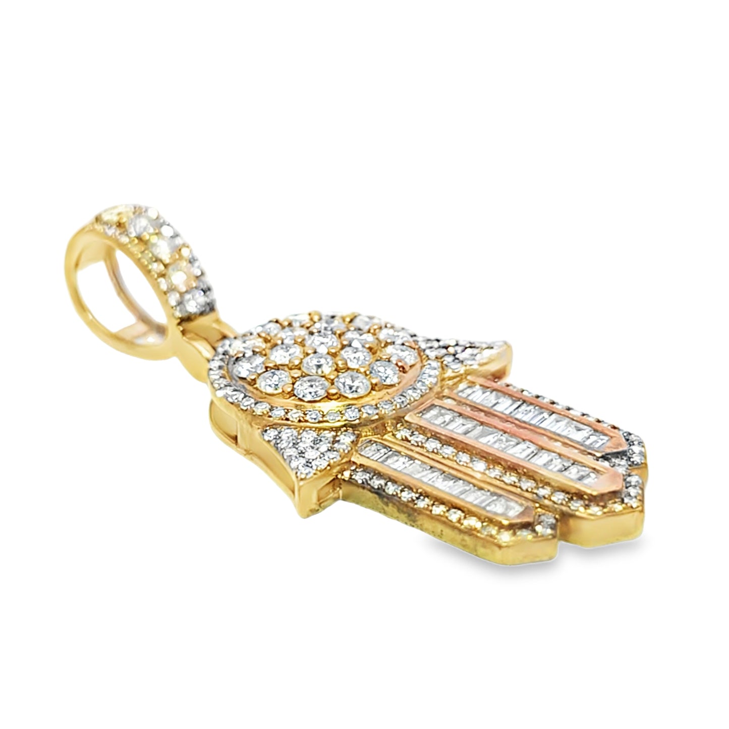 Iced Out Baguette Hamsa Pendant 1.80 ctw Diamond 10K Yellow Gold