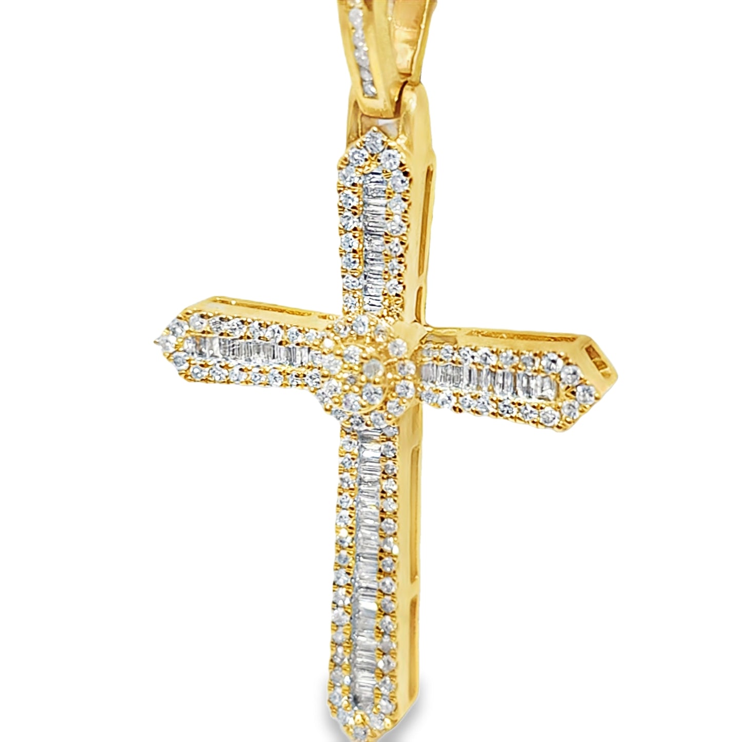 10K Yellow Gold Baguette Layered Diamond Cross Pendant 1.80 ctw