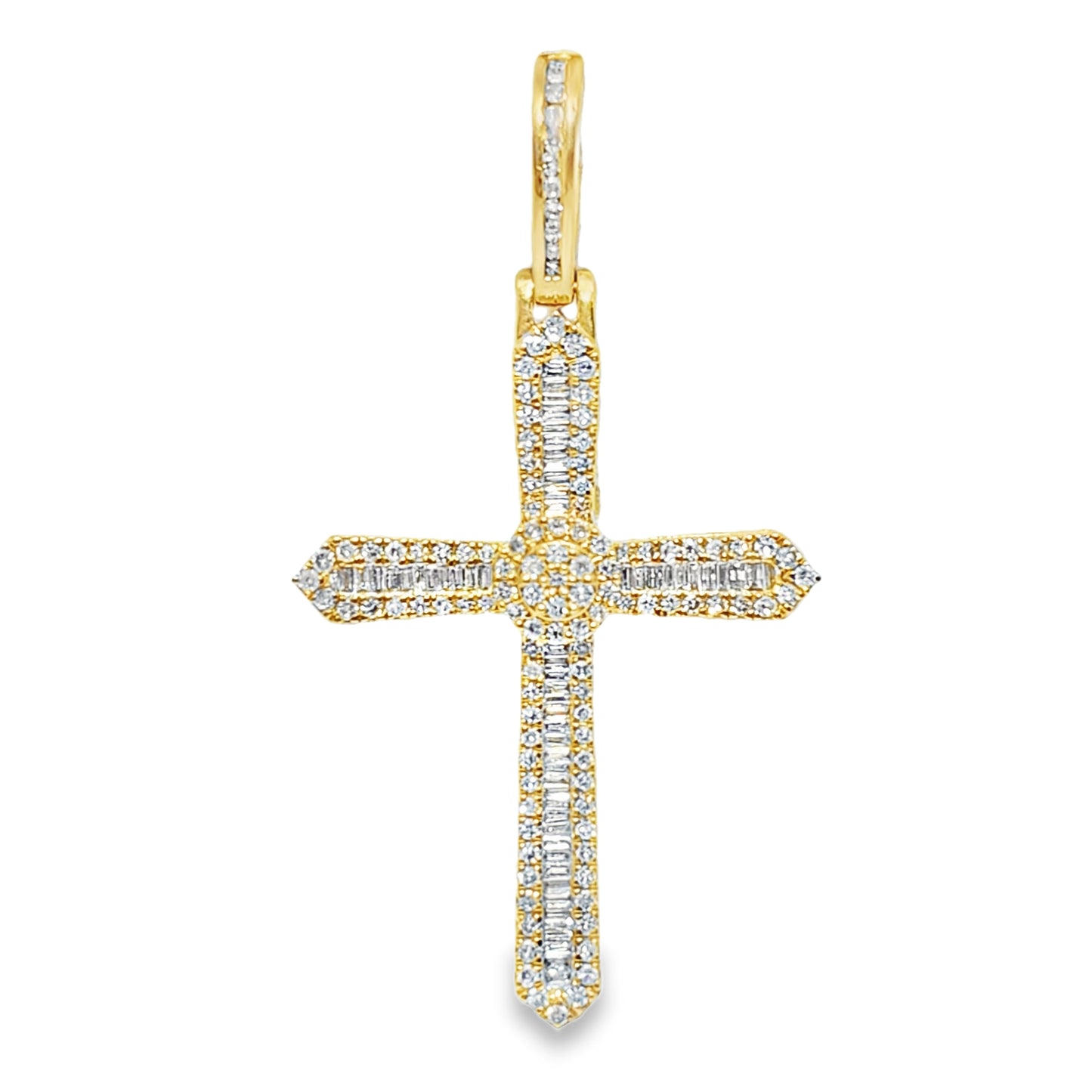10K Yellow Gold Baguette Layered Diamond Cross Pendant 1.80 ctw