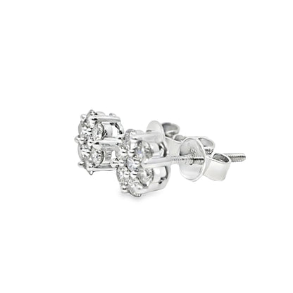 14K White Gold 0.80 ctw Diamond Flower Earrings | Cluster Studs | Jewelry Palace