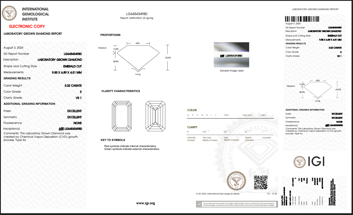 3.01 CT Emerald Cut IGI Certified Lab Grown Diamond Engagement Ring – 18K White Gold 4.02 CTW Overall