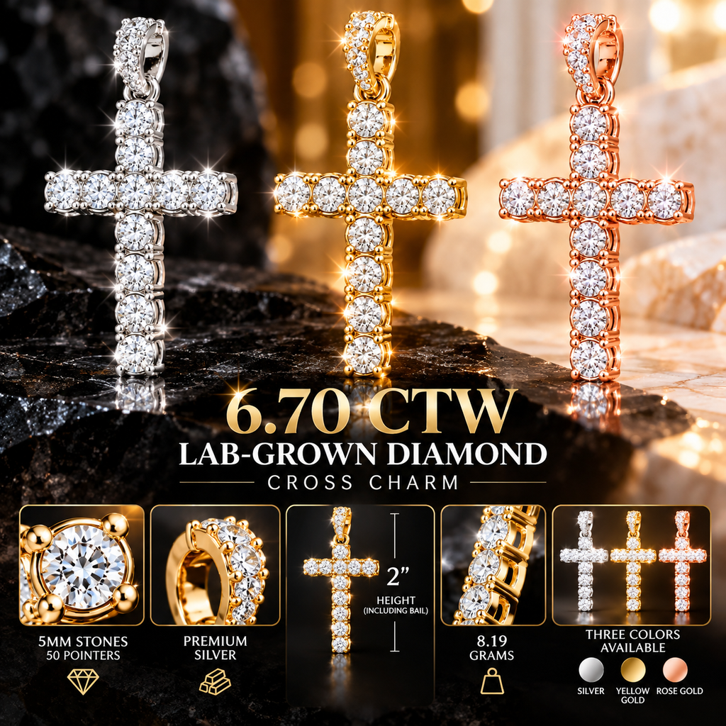6.70 CTW Lab Grown Diamond Cross Pendant – 50 Pointer Diamond Iced Out Cross in Silver