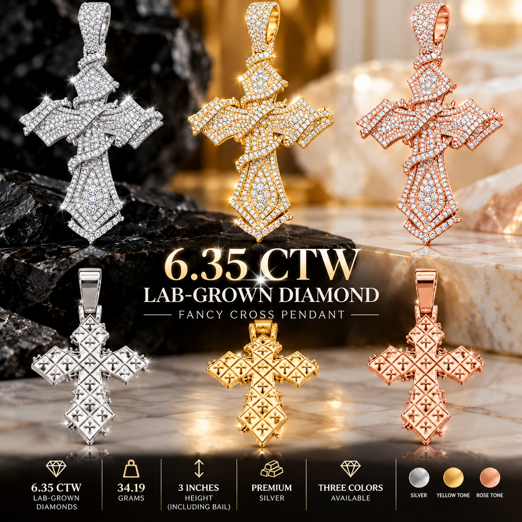 6.35 CTW Lab Grown Diamond Cross Pendant – 3 Inch Iced Out Silver Cross for Men & Women