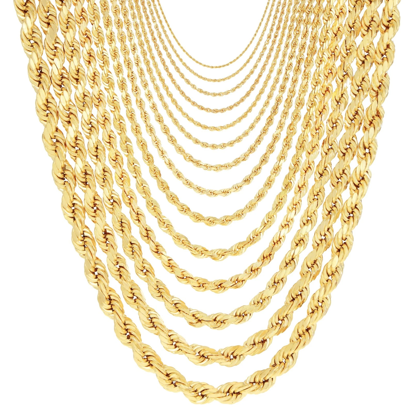 10K Yellow Gold Hollow Rope Chain & Bracelet – Diamond Cut | Multiple Lengths & Thicknesses (1.5 mm–10mm) | Jewelry Palace
