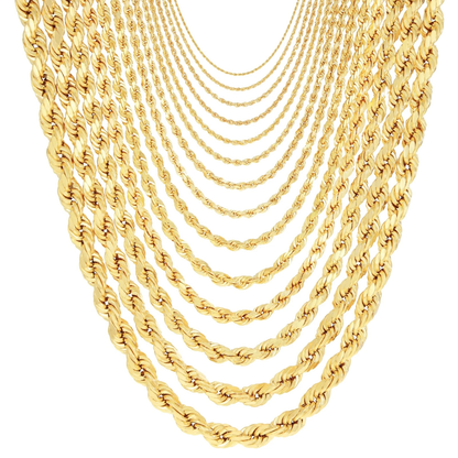 10K Yellow Gold SEMI-Hollow Rope Chain & Bracelet – Diamond Cut | Multiple Lengths & Thicknesses (1.5 mm–10mm) | Jewelry Palace