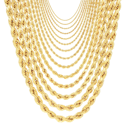 10K Yellow Gold Hollow Rope Chain & Bracelet – Diamond Cut | Multiple Lengths & Thicknesses (1.5 mm–10mm) | Jewelry Palace