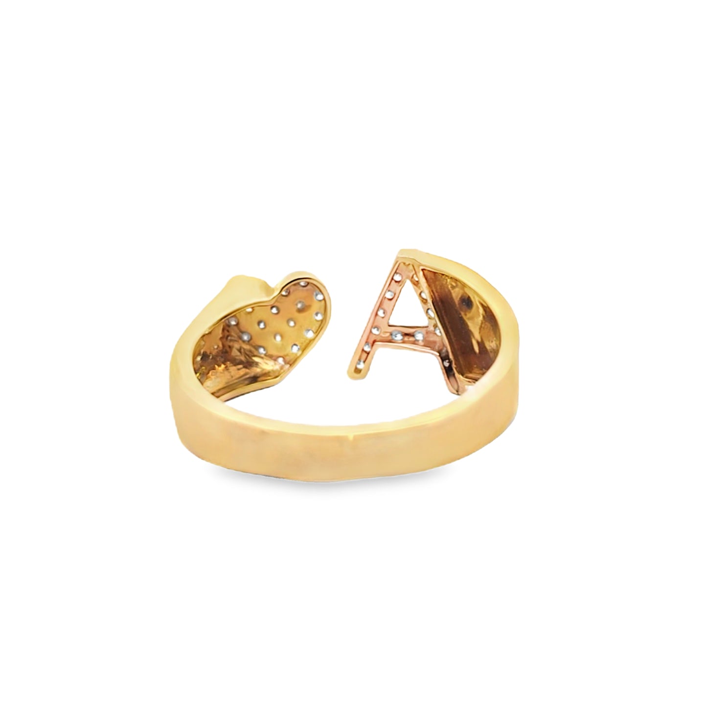 "A" Initial Cuff Ring With Heart 0.30 ctw Diamond 14K Yellow Gold