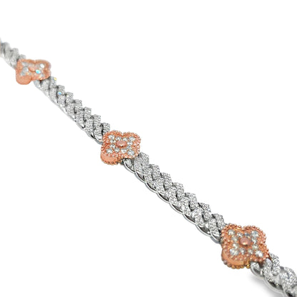 10K White Gold Women's Clover Cuban Link Diamond Bracelet 5.00ctw