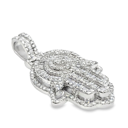 Double Layer Hamsa Hand Pendant 1.20 ctw Diamond 10K White Gold | Spiritual Protection Symbol | Jewelry Palace