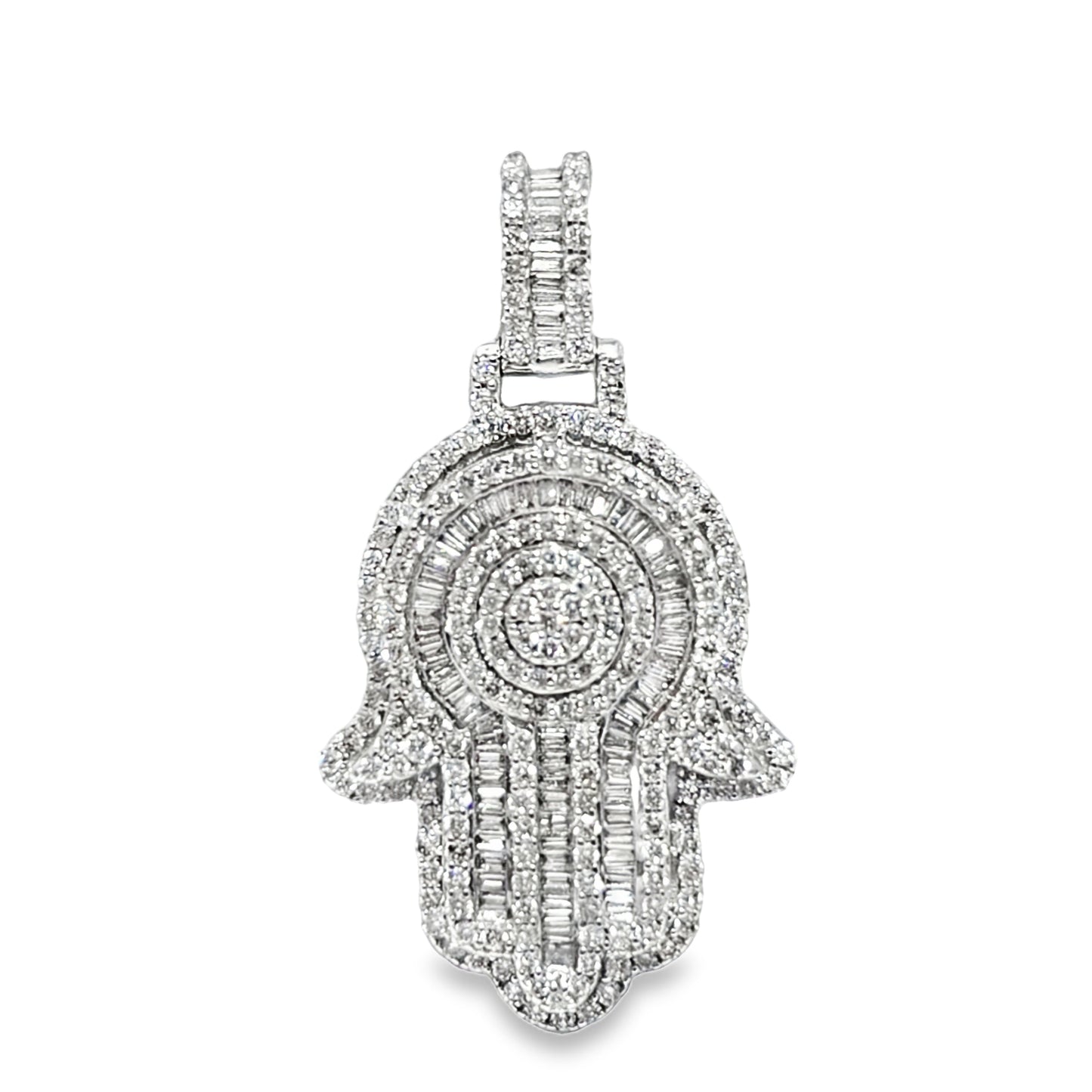 Double Layer Hamsa Hand Pendant 1.20 ctw Diamond 10K White Gold | Spiritual Protection Symbol | Jewelry Palace