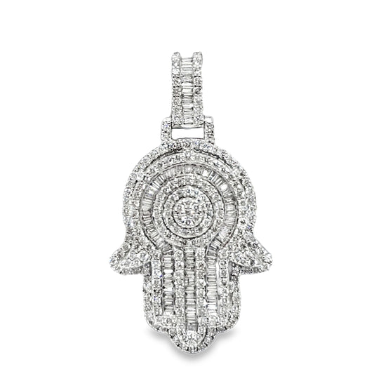 Double Layer Hamsa Hand Pendant 1.20 ctw Diamond 10K White Gold | Spiritual Protection Symbol | Jewelry Palace