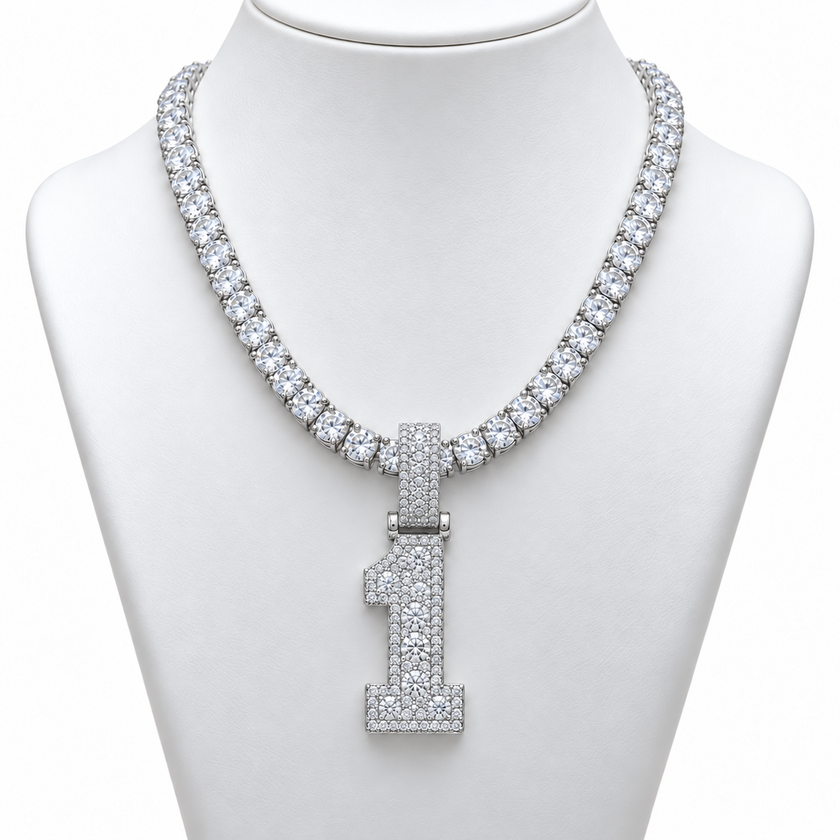 5MM VVS Moissanite Tennis Chain + Custom Number Pendant | 925 Silver