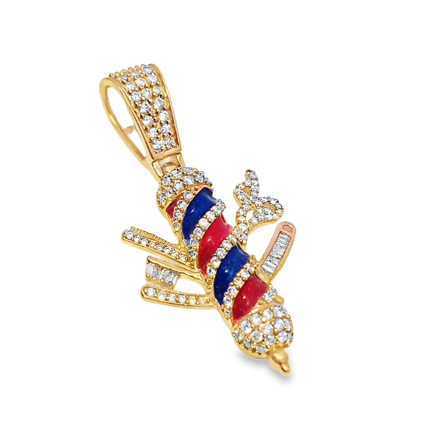 10K Yellow Gold 0.50 ctw Diamond Barber Pole Pendant | Blue & Red Enamel | Luxury Statement Jewelry | Jewelry Palace