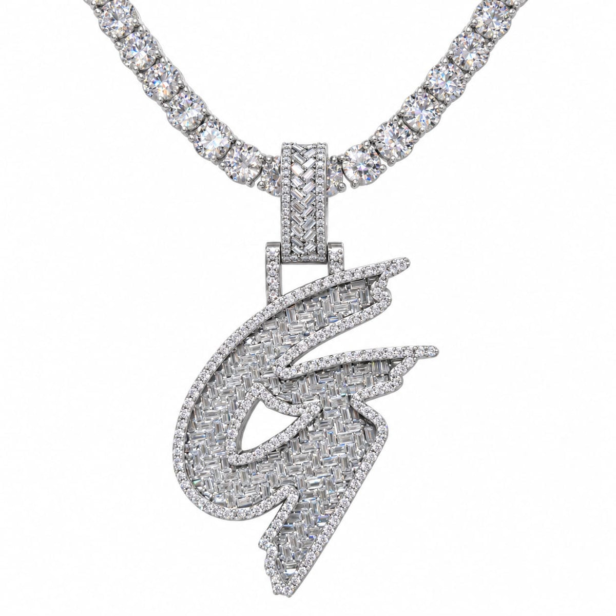 5MM Silver VVS D Color Moissanite Tennis Chain with Initial Pendant – 22” & 24” | Jewelry Palace